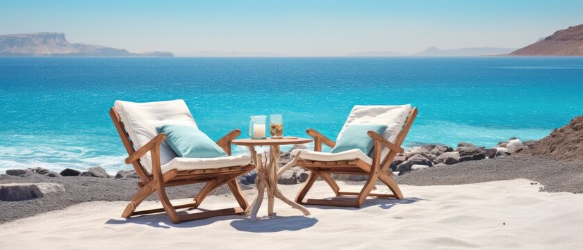 Beach lounge, Infinity pool with chairs and table on the sandy beach of the sea, Generative AI