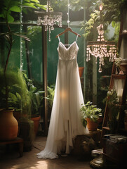 wedding dress hanging on a hanger in thegarden. generative ai 