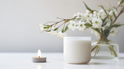 Scented Candle on White Table with Vases, Modern Minimalist Background