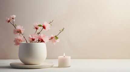Scented Candle on White Table with Vases, Modern Minimalist Background