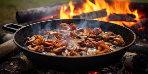 Roasting chestnuts in a skillet with holes on the fire, campfire cooking over open fire in a cast iron pan, generative AI