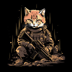 Cat in military uniform and weapons in vector art style