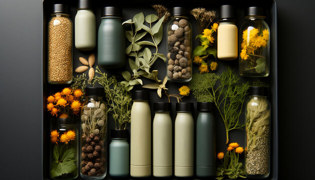 Frosted and clear biodegradable bottles and jars are surrounded by plant materials such as grass, seeds, flowers and leaves. Organic herbs and spices are laid out on surface. Bio-healthy food option