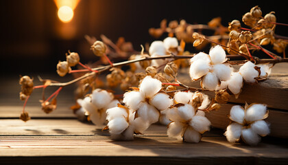 A lot of white fluffy cotton flowers lie on a wooden table.