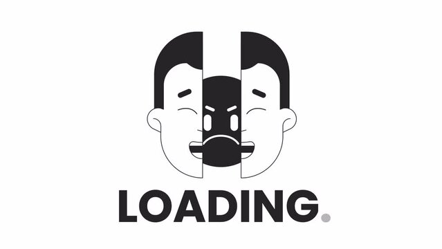 Hypocrite fake guy split face bw loading animation. Happy man head breaking apart surreal outline 2D cartoon concept 4K video loader motion graphic. Bipolar disorder animated gif isolated on white
