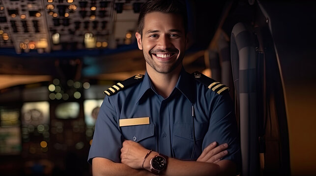 A confident male pilot in uniform keeping arms crossed and smiling while standing inside of the airplane. Generative Ai