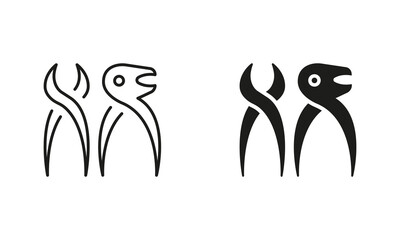 Tooth Pliers Silhouette and Line Icon Set. Dentist Surgeon Equipment. Oral Medicine Symbol. Dental Extraction Instrument. Dentistry Treatment Black Pictogram Collection. Isolated Vector Illustration