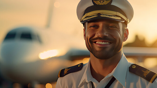 Cheerful Pilots, A young man airline worker touching captain hat and smiling while standing in airfield with airplane on background. Generative Ai