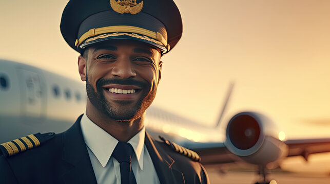Cheerful Pilots, A young man airline worker touching captain hat and smiling while standing in airfield with airplane on background. Generative Ai