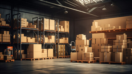 Warehouse Interior with Shelves and Cardboard Boxes, Industrial Storage Background