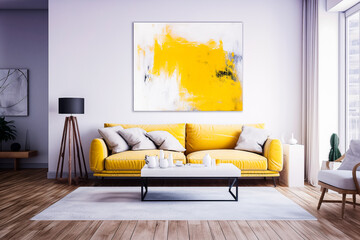 Salon contemporain avec canapé jaune et mur blanc - obrazy, fototapety, plakaty