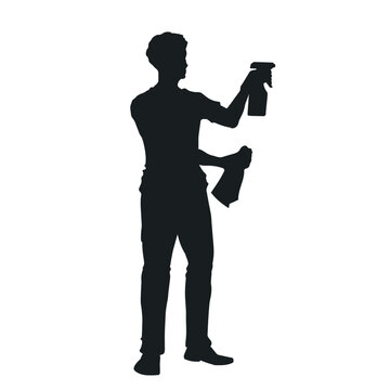 recommend clip art: Man cleaning house. Isolated silhouette with cleaner boy. Housework scene. Husband with spray and towel. Cleanup service