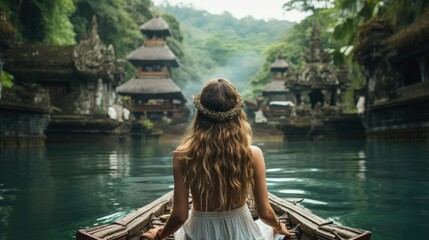 Woman in beautiful dress relaxing in a wooden boat on a lake in Bali, back view. Enjoying the beautiful scenery on the island of Bali, Indonesia