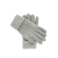 Women's knitted gloves lie one on top of the other on a white background.