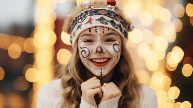 Portrait of little girl with Christmas face painting. Xmas face art