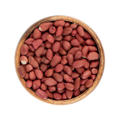 Top view of shelled peanuts in wooden bowl isolated on white background.