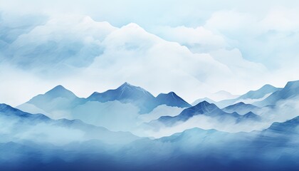 Fototapeta na wymiar Blue watercolor background. Mountains on the background of clouds