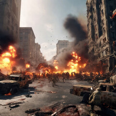 Illustration of a city destroyed by bombs, the effects of war There are zombies all over the city. generative AI