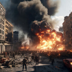 Illustration of a city destroyed by bombs, the effects of war There are zombies all over the city. generative AI