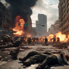 Illustration of a city destroyed by bombs, the effects of war There are zombies all over the city. generative AI