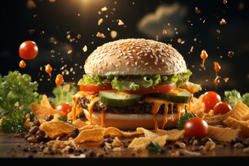 tasty burger isolated on dark background fresh hamburger fast food with cheese
