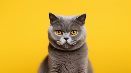 silver british shorthair cat portrait looking serious on yellow background with copy space