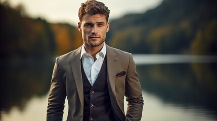 Young handsome man in classic suit over the lake buttoning his jacket