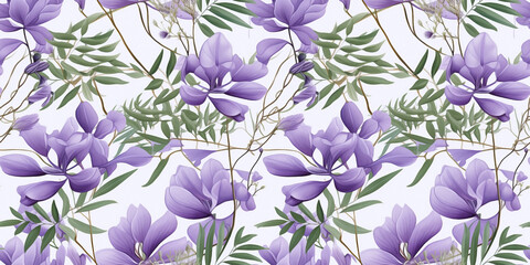 Jacaranda floral drawings seamless pattern with delicate leaves. Concept: Vivid purple organic prints.