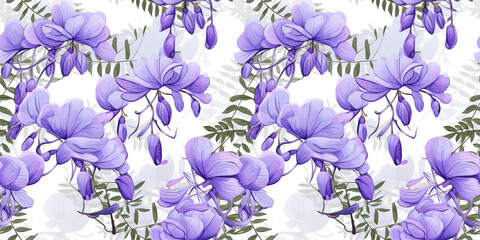 Seamless pattern with jacaranda flowers and fern-like leaves. Concept: Delicate tropical tree designs.
