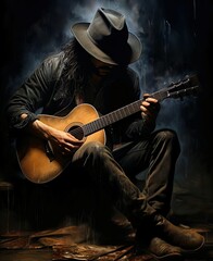Obraz premium A man playing guitar with dark background