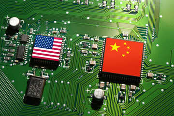 Flag of the Republic of China and the United States on microchips of a printed electronic board. Concept for world supremacy in microchip and semiconductor manufacturing.
