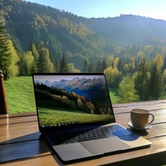 A laptop with a mountain view on the screen and a cup of coffee on the table