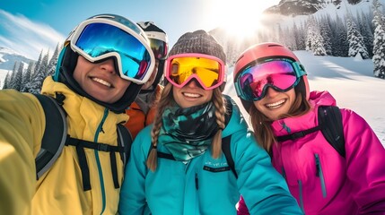 Group of friends having fun in the snow on a sunny day. A group of friends having a great time wearing ski outfit looking at the camera in the snow mountain on a ski holiday.	