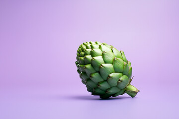 Artichoke on a solid color background. Isolated object in photo studio. Commercial shot with copyspace.