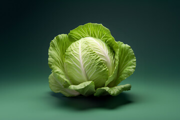 Obraz premium Cabbage green on a solid color background. Isolated object in photo studio. Commercial shot with copyspace.