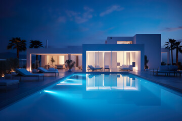 Fototapeta premium Exterior of modern minimalist cubic villa with swimming pool at sunset