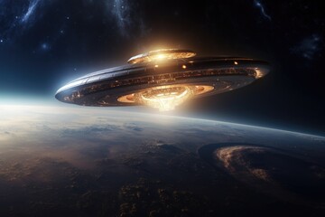 UFO, flying saucer over the planet Earth in high resolution. Photo from space.