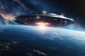Obraz premium UFO, flying saucer over the planet Earth in high resolution. Photo from space.