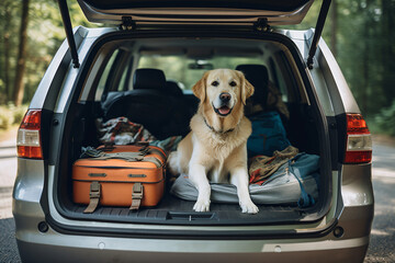 Golden retriever dog sitting in car trunk ready for a vacation trip

Generative AI