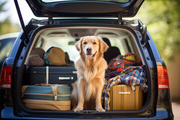Golden retriever dog sitting in car trunk ready for a vacation trip

Generative AI