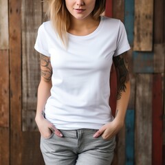 female wearing white tshirt for mock up with view from waist to chin