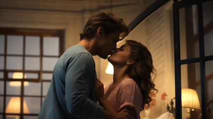 Couple love kissing on the bedroom at home. Loving boyfriend and girlfriend sharing love together

Generative AI