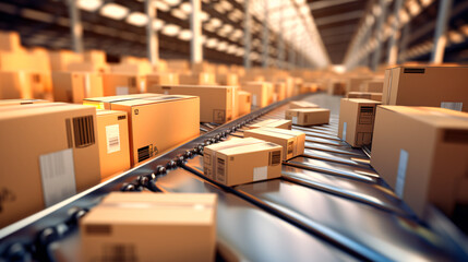 Closeup of multiple cardboard box packages smoothly gliding along a conveyor belt in a modern warehouse fulfillment center, capturing the essence of e-commerce, delivery & automation. Generative AI