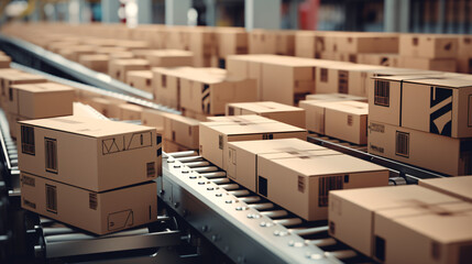 Closeup of multiple cardboard box packages smoothly gliding along a conveyor belt in a modern warehouse fulfillment center, capturing the essence of e-commerce, delivery & automation. Generative AI