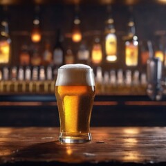 Illustration: A glass of beer on a wooden table inside a bar is covered with a drink bottle. generative AI