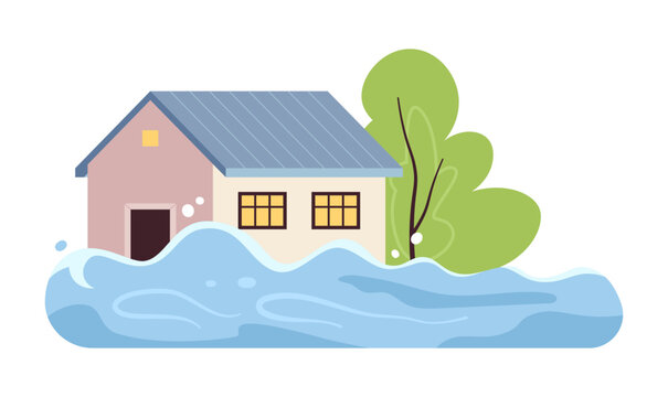 Flooded house semi flat colour vector object. Natural disaster. Flood. Editable cartoon clip art icon on white background. Simple spot illustration for web graphic design