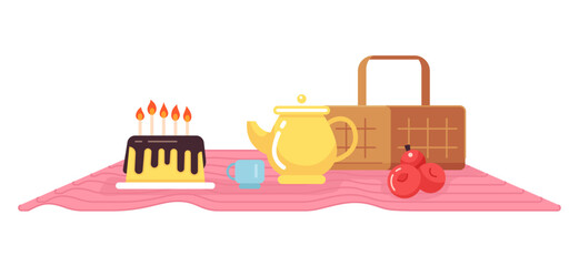 Picnic set flat concept vector spot illustration. Birthday cake. Blanket and basket 2D cartoon objects on white for web UI design. Isolated editable creative image