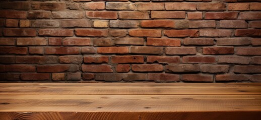 Minimalist elegance. Empty room with wood and brick accents. Vintage Old wooden table and bricks...