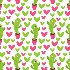 Vector doodle illustration seamless pattern cute cactus in a pot. Funny emotion character. For the design of packaging, textile, wallpaper