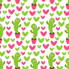 Vector doodle illustration seamless pattern cute cactus in a pot. Funny emotion character. For the design of packaging, textile, wallpaper